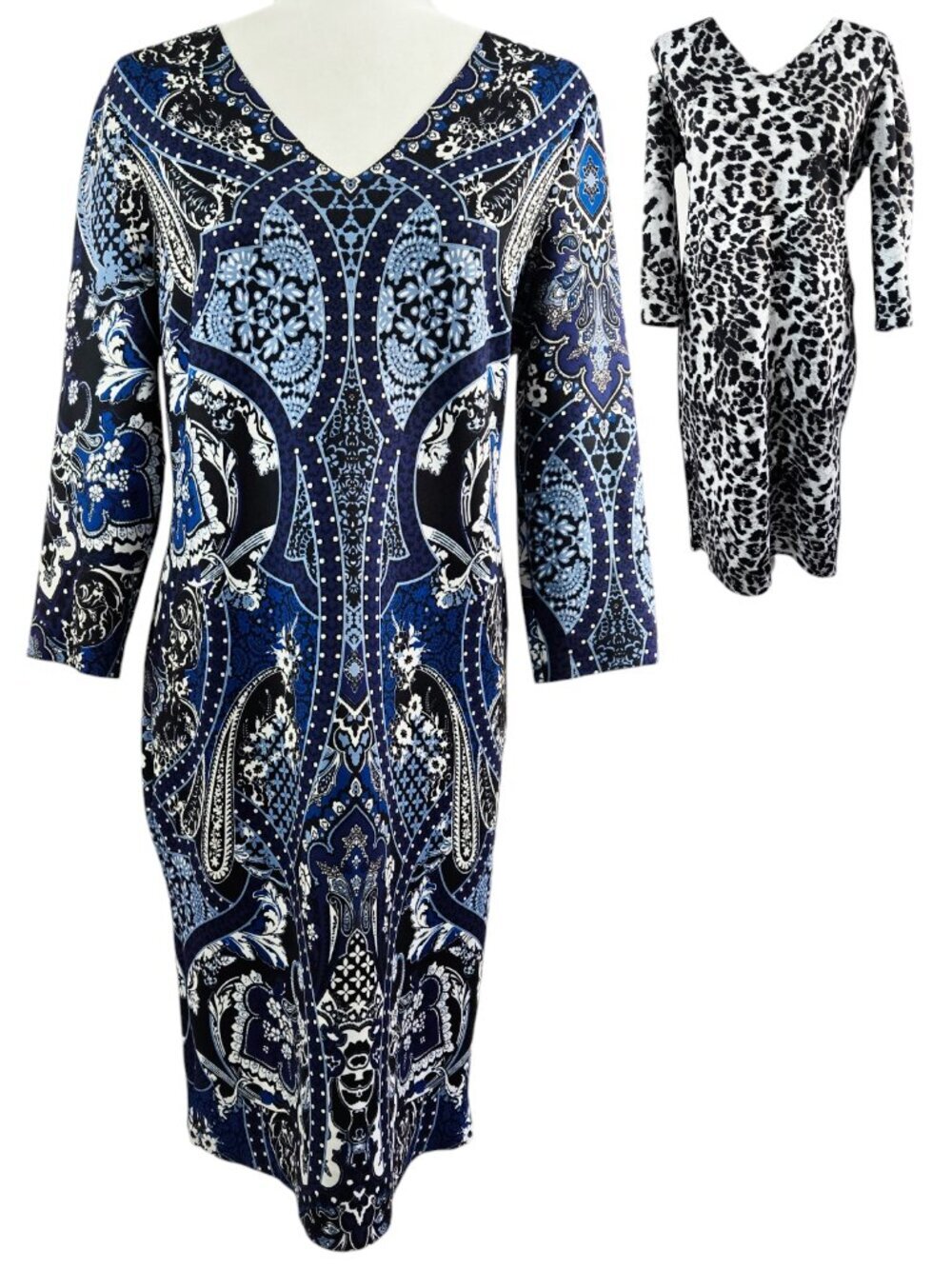 Chico's Reversible Black Blue Paisley Animal Print V-Neck Dress Artsy Boho Party